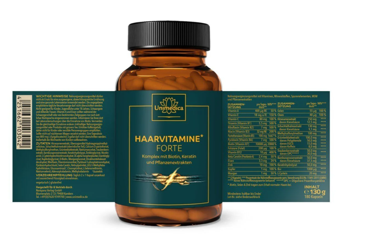 Haarvitamine forte - Komplex mit Biotin, Vitaminen und Keratin - 180 Kapseln