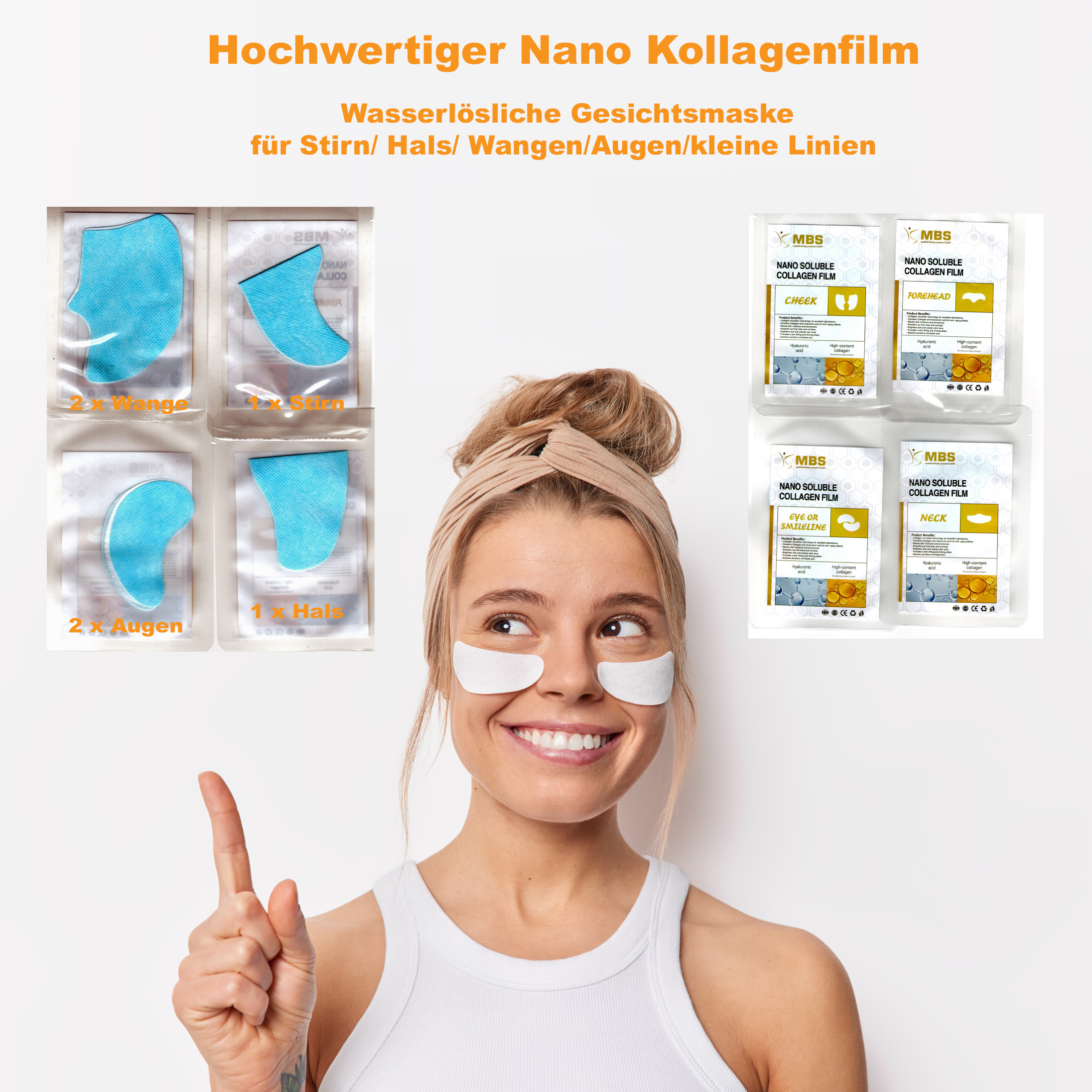 Hochwertige Nano Kollagenfilm Pad's -  Wasserlösliche Gesichtsmaske für Stirn/Hals/ Wangen/Augen "STARTER-SPAR-SET"   